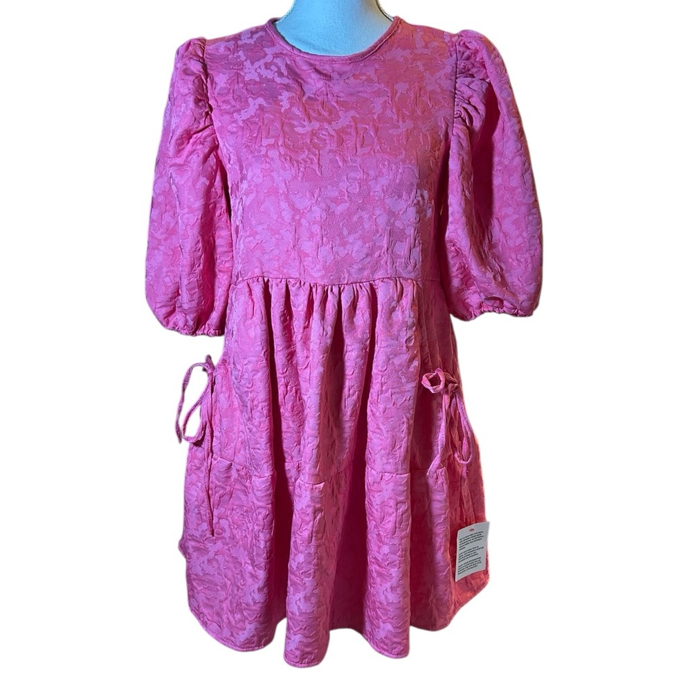 ASOS Design Jacquard Tier Mini Dress with Bellow Pockets in Pop Pink